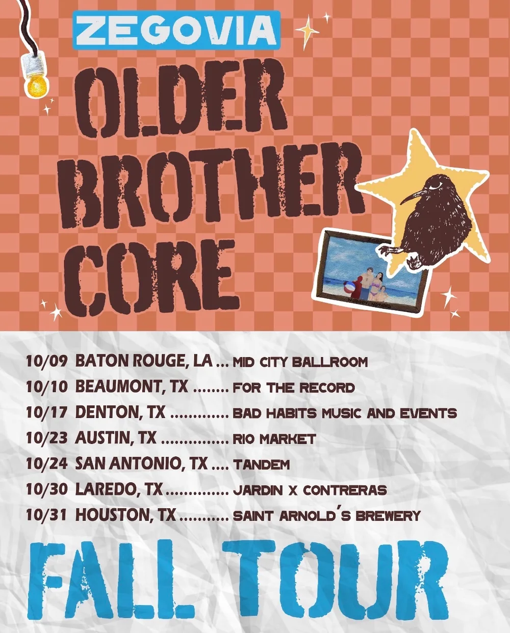 Zegovia Older Brother Core Fall Tour flyer listing Tandem in San Antonio on October 24
